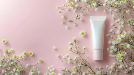 Elegant cosmetic tube with fresh flowers on a pastel background, perfect for beauty product promotions with copy space.の素材