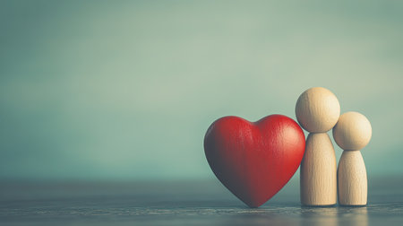 A concept of family, relationship, and love with wooden dolls and a red heart shape, set against a clean background with copy spaceの素材