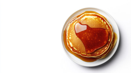 Delicious pancakes topped with syrup, viewed from above, isolated on a white background, showcasing their inviting and mouth-watering appearanceの素材