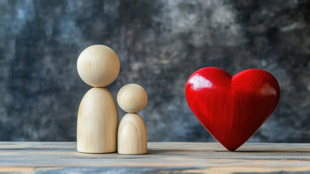 Family, relationship, and love concept shown with wooden dolls and a red heart, providing a backdrop with ample copy space for personal messagesの素材