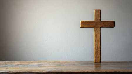 Religious crucifix cross upright on a wooden table, with a blank background providing copy space for religious and spiritual messagingの素材