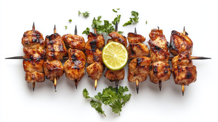 Top view of char-grilled chicken skewers isolated on a white background, perfect for highlighting their appetizing and smoky lookの素材