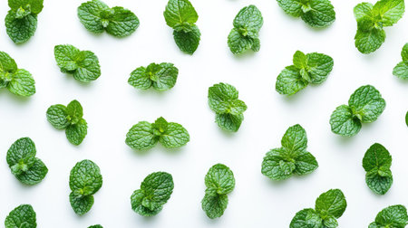 Top view of a set of fresh green mint leaves isolated on a white background, showcasing their vibrant color and detailed textureの素材