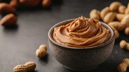 Close-up of a bowl of peanut butter with surrounding peanuts on a table, offering a clean and inviting background for your messageの素材