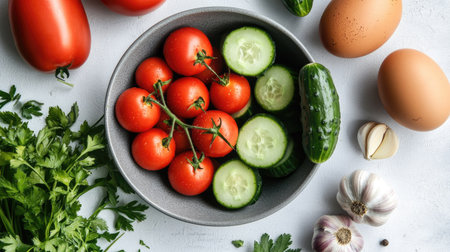 Flat lay of a gray bowl filled with tomatoes, cucumbers, garlic, and two eggs, with vegetables neatly arranged around it on a white surfaceの素材