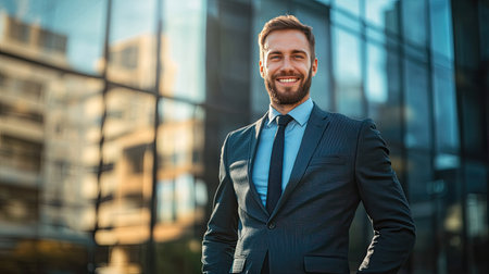Panoramic portrait of a successful Caucasian business man in a suit, demonstrating positivity and competence, perfect for SEO and professional brandingの素材