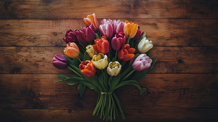 Flat lay of a gorgeous tulip bouquet with a mix of colors on a wooden table, capturing the vibrant flowers and rustic table surfaceの素材