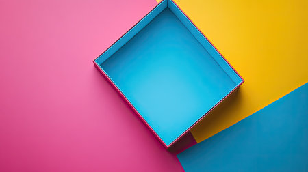 Top-down view of an open gift box with a colorful background, providing a clear and customizable space for your design or mockupの素材