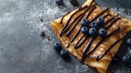 Close-up top view of delicate crepes with chocolate drizzle and fresh blueberries on a grey background, emphasizing a scrumptious treat with room for copyの素材