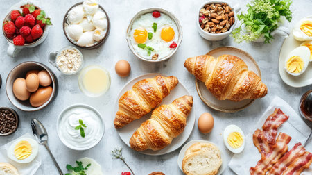 A delicious breakfast spread with croissants, yogurt, boiled eggs, bacon, and coffee, arranged on a table for a perfect morning mealの素材