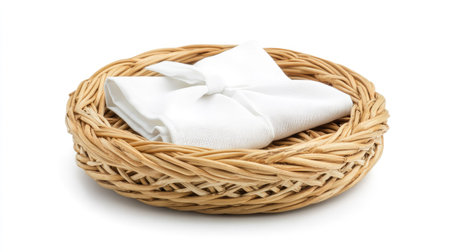 Elegant circular wicker straw stand for napkins isolated on white, perfect for enhancing table settings and home decorの素材