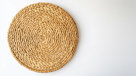 Top view of a circle wicker straw mat napkin on a white background, adding a rustic touch to interior decorの素材