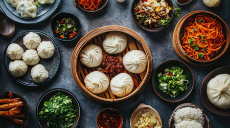 Delicious baozi arranged on a grey textured table, captured from above to show their soft, steamed buns and savory ingredientsの素材