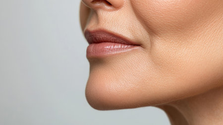 Cropped profile view of a middle-aged woman chin and lips, illustrating double chin treatment against a grey studio backgroundの素材