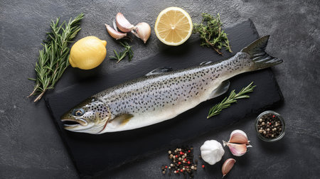 Raw organic trout fillet on a black stone or concrete surface, with fresh cooking ingredients such as rosemary, lemon, and garlicの素材