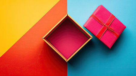 Overhead shot of an open gift box with a colorful backdrop, ideal for showcasing your design ideas and mockups in a clean, editable spaceの素材