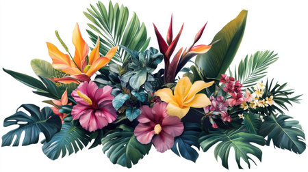 Isolated tropical plant with colorful flowers and dense leaves, featuring a clipping path for seamless integrationの素材