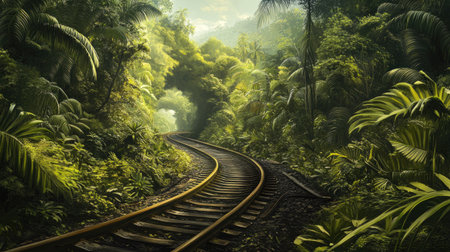 Beautiful jungle landscape featuring a train line, with tracks winding through dense tropical foliageの素材