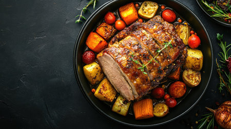 Overhead shot of a bowl of succulent roast pork and assorted vegetables on a dark grey table, perfect for emphasizing a savory dish with text spaceの素材