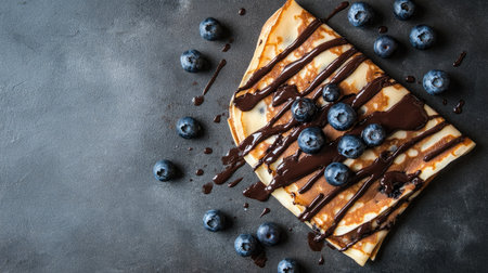 Top view of crepes adorned with chocolate sauce and fresh blueberries on a grey surface, perfect for highlighting a tasty treat with ample text spaceの素材