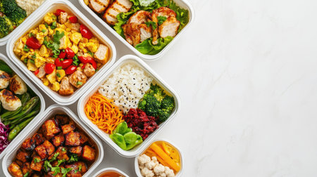 Overhead image of healthy meal in biodegradable takeaway packaging, with generous white space for text, highlighting eco-conscious choicesの素材