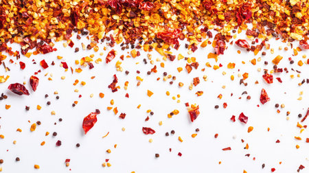 Top view of vibrant dried chili flakes and seeds scattered on a white background, ideal for showcasing spice and seasoning detailsの素材