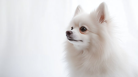 Charming white Pomeranian portrait on a white backdrop, with room available for text, perfect for showcasing the dog's cutenessの素材
