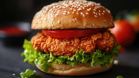 Close-up of a delicious sesame seed bun burger featuring fried chicken, fresh lettuce, and ripe tomato, showcasing texture and freshnessの素材