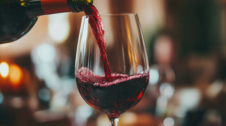 Close-up of red wine being poured from a bottle, emphasizing the rich color and fluid motion of the wine as it fills the glassの素材