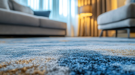Close-up of a luxurious carpet with a sofa bed in the blurred background, showcasing the comfort and design of the living areaの素材