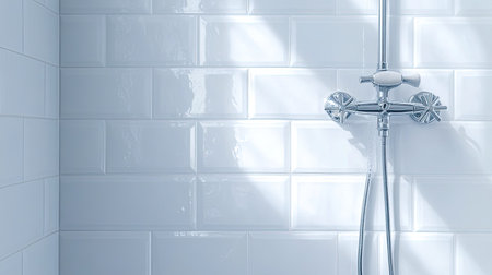 Close-up of a modern shower with a watering can hanging on a pristine white tiled wall, enhancing the bathroombfの素材