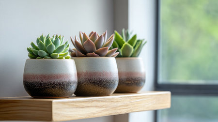 Close-up of three ceramic pots with succulents arranged on a wooden shelf, offering a stylish and fresh look to the roomの素材
