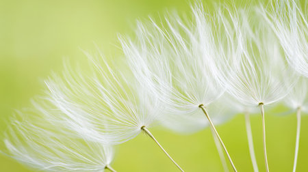 Detailed close-up of a dandelion seed head with a soft green background, focusing on the delicate white seeds and their fine textureの素材
