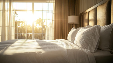 Elegant hotel room with a king-sized bed, pristine sheets, and plush pillows, all glowing in natural sunlight streaming through the windowの素材