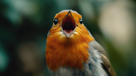 Close-up of a robin singing, with its beak open and throat feathers ruffled, capturing the essence of its songの素材