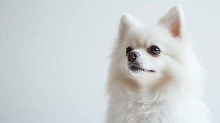 Cute white Pomeranian dog in a headshot on a white background, perfect for adding text or captions about the dog's personalityの素材