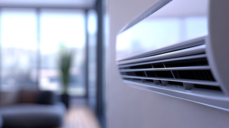 Close-up of an air conditioner unit in a stylish living room of an apartment, highlighting its integration with contemporary interior designの素材