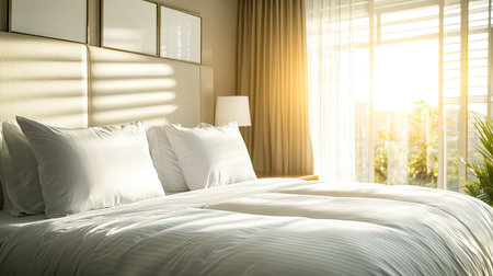 Freshly made king-sized bed with crisp, ironed sheets and puffy pillows in a hotel room, beautifully lit by natural sunlightの素材