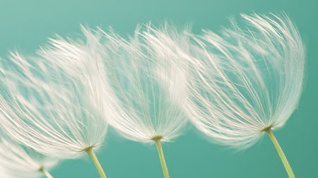 Detailed close-up of a dandelion seed head with a soft green background, focusing on the delicate white seeds and their fine textureの素材