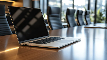 Laptop computer on a contemporary meeting table, close-up shot highlighting the professional office environmentの素材