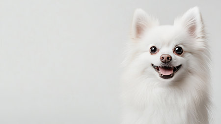 White Pomeranian dog with a friendly expression on a white background, featuring space to add text or captions next to the dogの素材