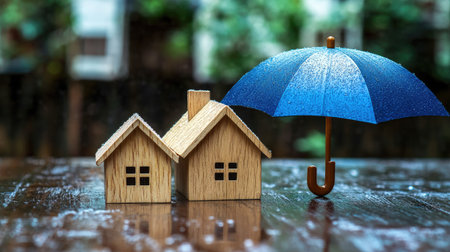Wooden houses under a blue umbrella, conveying the idea of security through home insurance.の素材