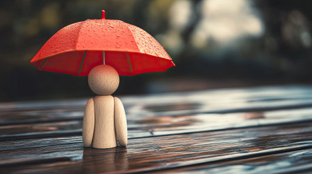 Wooden figure under a red umbrella, representing financial safety and protection from risk.の素材