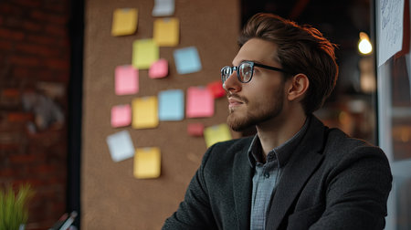 Young entrepreneur brainstorming in a stylish office, startup business concept with ample copy space for text.の素材