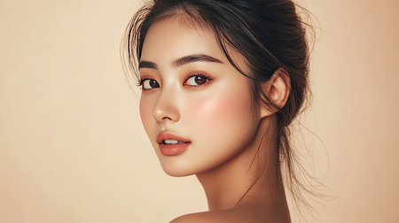 Young Asian woman with clear, glowing skin, looking serene and relaxed, isolated on a beige background, highlighting natural beautyの素材
