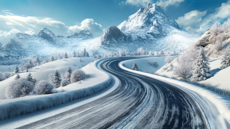 3D illustration of a snowy mountain road with detailed winter sceneryの素材