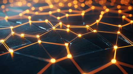3D rendering of a network grid with interconnected nodes and glowing linesの素材