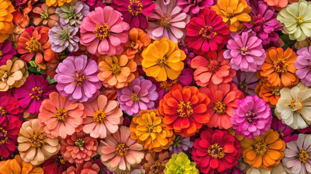 A bed of colorful zinnias in full bloom, creating a lively and festive floral backgroundの素材