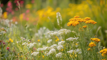 A meadow filled with blooming yarrow, creating a natural and vibrant floral backdropの素材