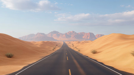 3D rendering of a desert highway with realistic sand dunes and distant mountainsの素材